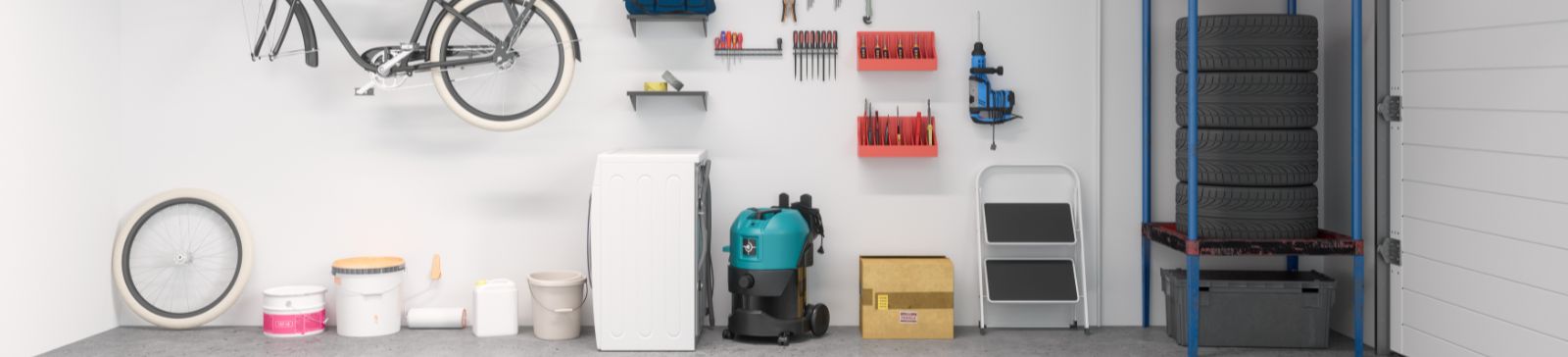 Clean and modern custom garage setup with bike mount, wall tool organizers, and tire storage rack in Chandler, AZ