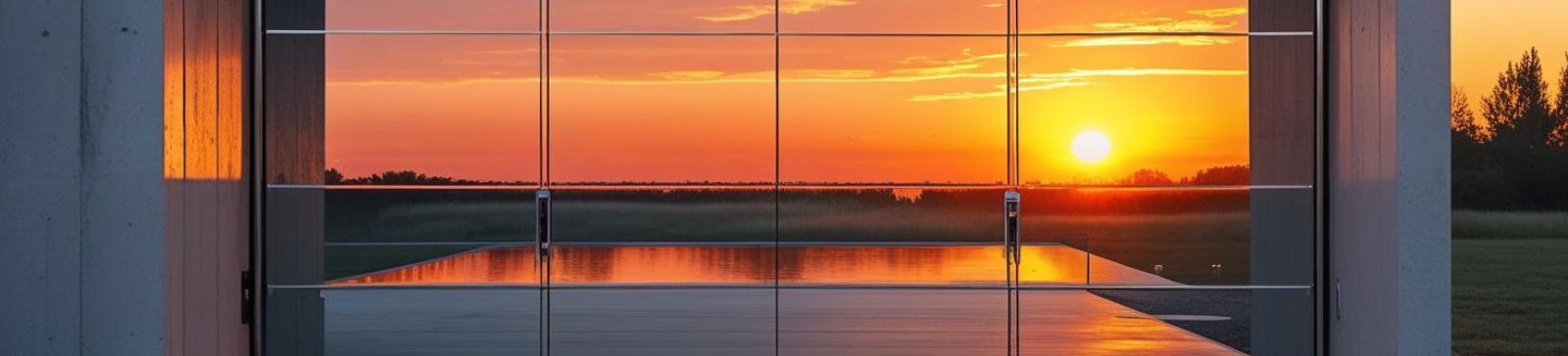 Glass garage door open at sunset with a beautiful sky, reflecting on the floor, Chandler, AZ