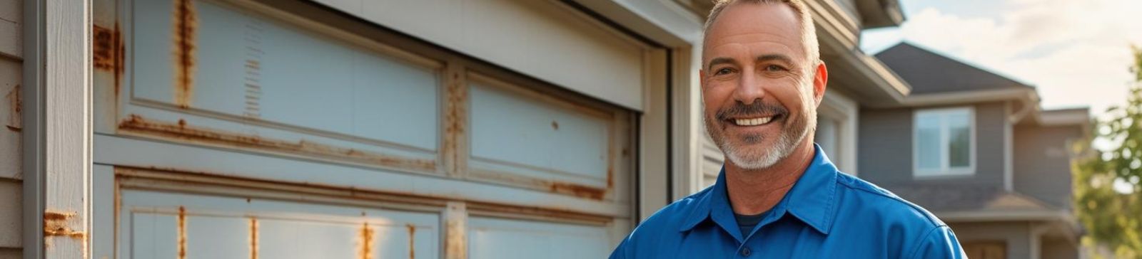 Garage door service technician standing in front of a residential garage door showing visible signs of rust, performing maintenance work in Chandler, Arizona.