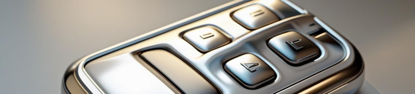 Detailed view of chrome-plated garage door opener control panel with multiple buttons for operation and locking functions, representing advanced residential garage door technology in Chandler, AZ.